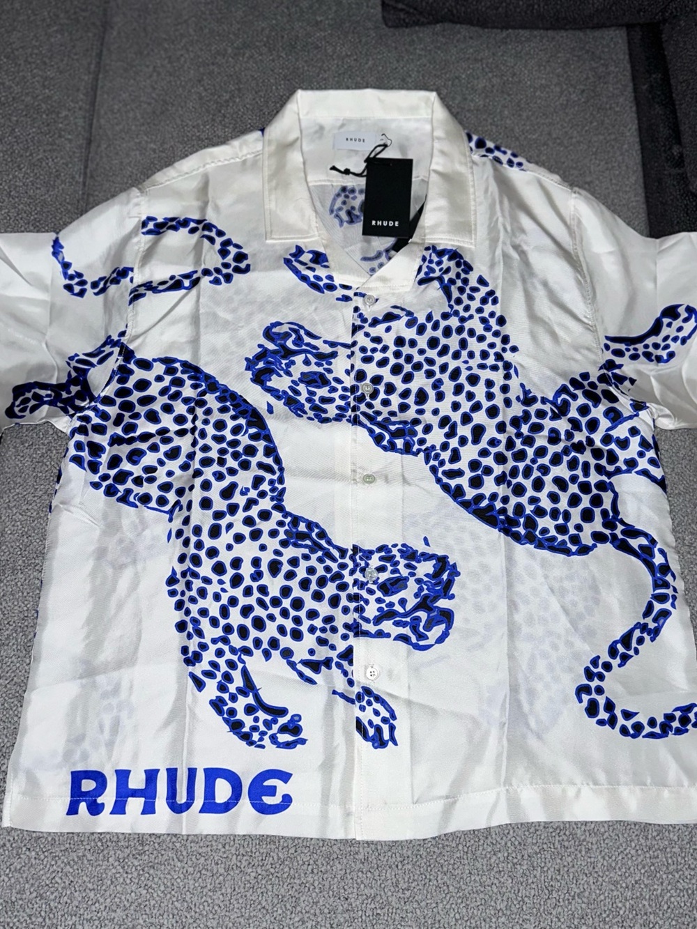 Rhude White & Blue Leopard Print Short-Sleeve Silk Shirt